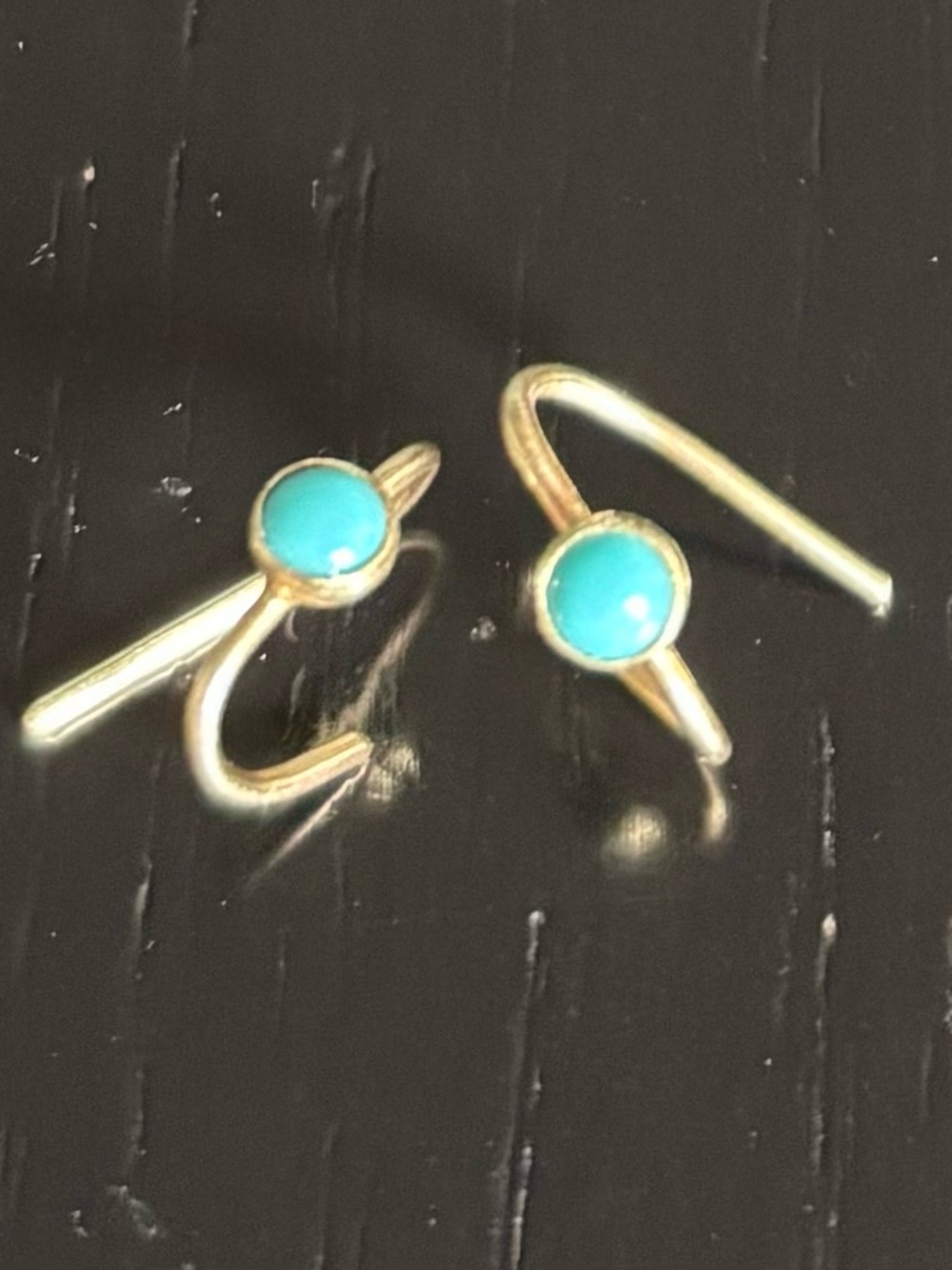 Solid 14k gold tiny huggie earrings real turquoise - artisan made from etsy